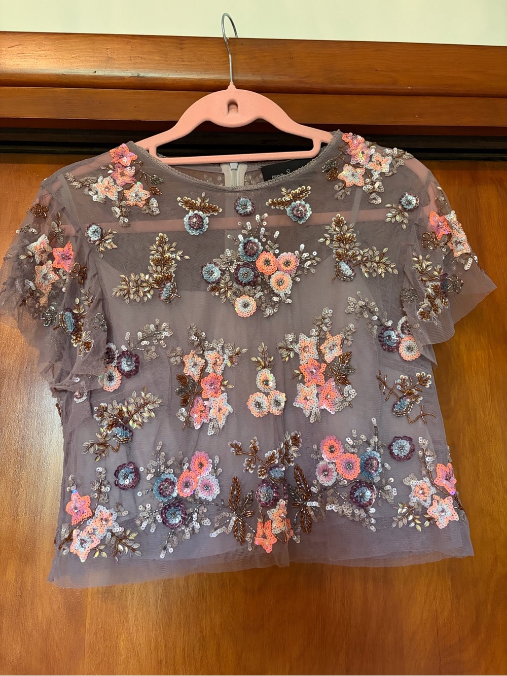 Needle & Thread Dusty Mauve Sequin Floral Mesh Crop Top